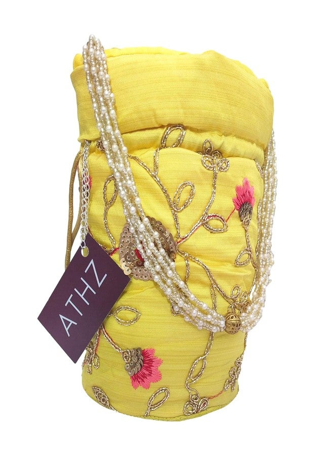 ATHZ Potli bags Yellow Damru Potli Handbags for Women Golden Sippy Work Gifting Wristlets For Wedding | Festival | Kitty For Women - Image 5